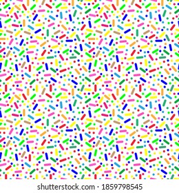Seamless pattern with colorful sprinkles. Donut glaze background. Vector illustration on transparent background. Kids concept. Holiday decoration. Candy style.  Evening party background game design.