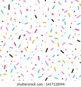 Seamless pattern with colorful sprinkles. Donuts glaze, dessert background. Sweet confetti on white chocolate glaze background. Vector Illustration for holiday designs, party, birthday, invitation.