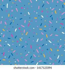 Seamless pattern with colorful sprinkles. Donuts glaze, dessert background. Sweet confetti on white chocolate glaze background. Vector Illustration for holiday designs, party, birthday, invitation.