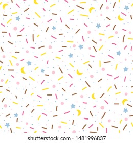 Seamless pattern with colorful sprinkles. Donuts glaze, dessert background. Sweet confetti on white chocolate glaze background. Vector Illustration for holiday designs, party, birthday, invitation.