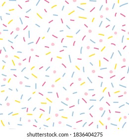 Seamless pattern with colorful sprinkles. Donuts glaze, dessert background. Sweet confetti on white chocolate glaze background. Vector Illustration for holiday designs, party, birthday, invitation