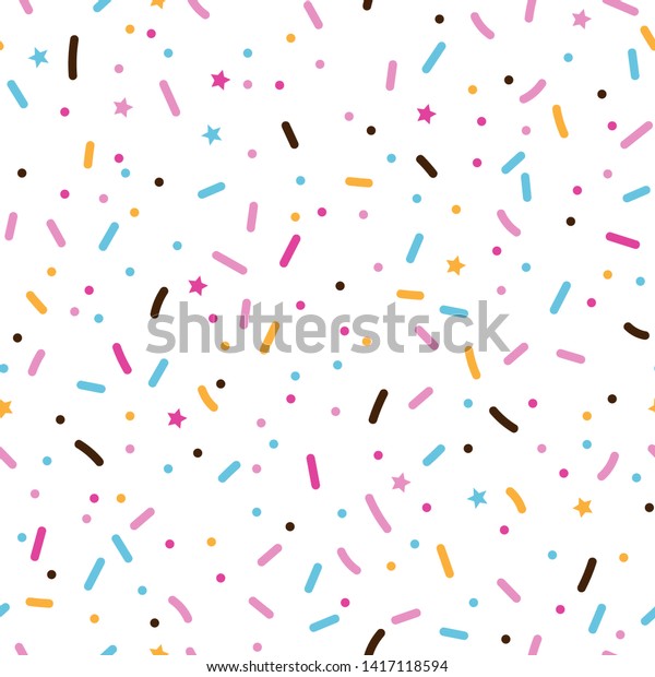 Seamless pattern with colorful sprinkles.\
Donuts glaze, dessert background. Sweet confetti on white chocolate\
glaze background. Vector Illustration for holiday designs, party,\
birthday, invitation.