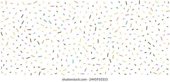 Seamless pattern with colorful sprinkles. Glaze for donut, ice cream or muffins with rainbow, brown, yellow, blue and pink falling decorative candies. Vector Illustration for holiday designs.