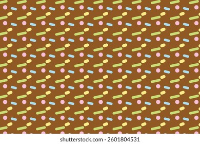 Seamless pattern with colorful sprinkles on brown background. Ideal for cheerful designs, children's products, party themes, textile prints. Festive pattern on a brown base in flat design illustration