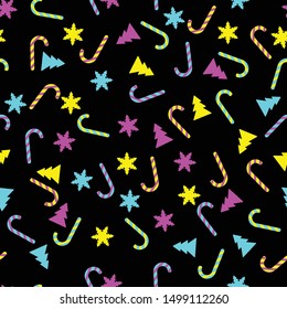 Seamless pattern. Colorful spruce, snowflakes and Christmas candy on black background