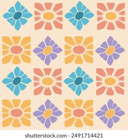 Seamless pattern of colorful square flowers with pastel yellow background.