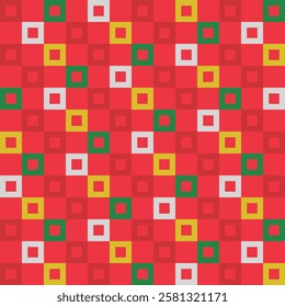 Seamless pattern of colorful squares in check and plaid designs. Abstract geometric shapes create a modern look, ideal for luxury textiles and wallpapers. High quality vector with a playful feel