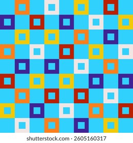 Seamless pattern of colorful squares in a check and plaid style. Abstract geometric elements. Modern and luxury designs, textiles, and wallpapers. High quality vector with a playful aesthetic.