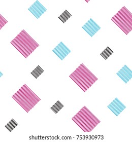 Seamless pattern with colorful squares with lines on a white background. Repeating vector pattern. Hand drawn image.