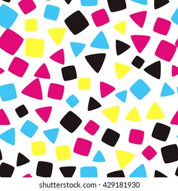 Seamless pattern with colorful squares and triangles on a white background
