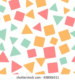 Seamless pattern with colorful squares and triangles on a white background. Vector repeating texture.
