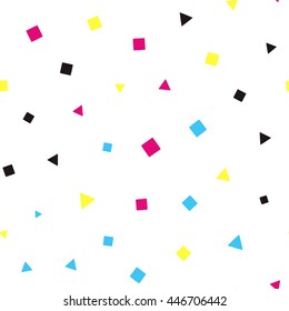 Seamless pattern with colorful squares and triangles on a white background