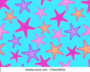 Seamless pattern with colorful starfish on a blue background. For promotional products, wrapping paper and printing. Vector illustration