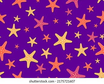 Seamless pattern with colorful starfish on a violet background. For promotional products, wrapping paper and printing. Vector illustration