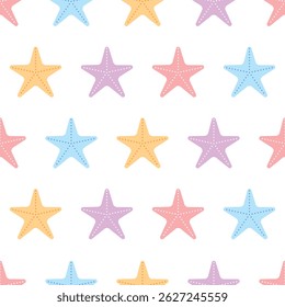 Seamless pattern with colorful starfish on a white background
