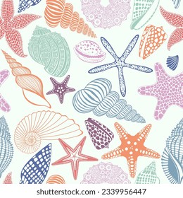 Seamless pattern with colorful starfish and seashells. Vector. Marine background. Perfect for wallpaper, wrapping, fabric and textile. 