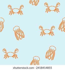 Seamless pattern with colorful starfish and seashells. Vector. Marine background. Perfect for wallpaper, wrapping, fabric and textile.