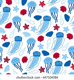 Seamless pattern with colorful starfishes, shells and jellyfishes on white background