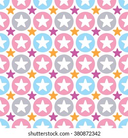 Seamless pattern with colorful stars and circles. Vector background for kids. Bright orange, pink and purple colors.