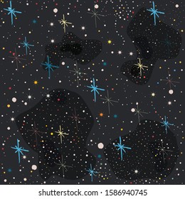 Seamless Pattern with Colorful Stars. Dark Starry Night. Red, yellow, blue stars. Vector Illustration