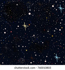 Seamless Pattern with Colorful Stars. Dark Starry Night. Red, yellow, blue stars. Vector Illustration 