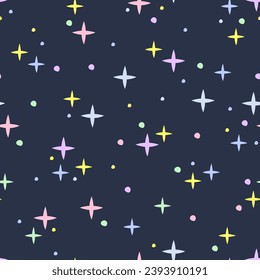 Patrón sin brillo con estrellas coloridas y formas de dibujo a mano sobre fondo azul oscuro. Impresión atractiva y colorida para los niños, cubierta de regalo, tarjeta. Ilustración del vector