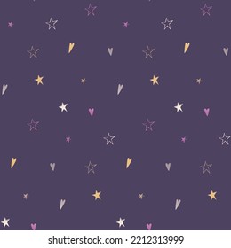 Seamless pattern with colorful stars and hearts on a dark background. Vector seamless background. template design. space background. Light seamless pattern.