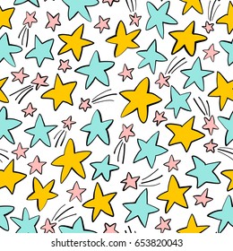 Seamless pattern with colorful stars. Ink illustration. Hand drawn ornament for wrapping paper.