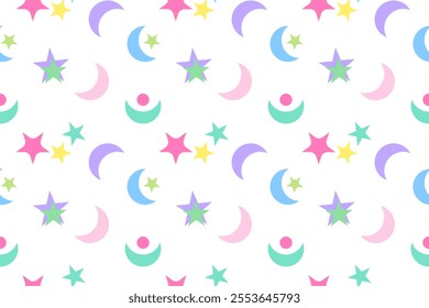 Seamless pattern of colorful stars, moons, and celestial shapes on a white background, ideal for creative projects.