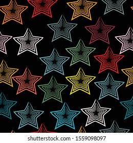 Seamless Pattern With Colorful Stars on black. Scandinavian Style. Vector Illustration