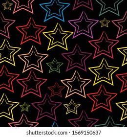 Seamless Pattern With Colorful Stars on black. Scandinavian Style. Vector Illustration