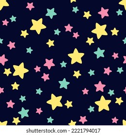 Seamless pattern with colorful stars on dark blue background.