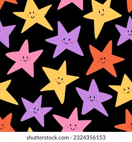 Seamless pattern with colorful stars on dark background. Hand drawn vector illustration. Trendy texture for print, textile, fabric.