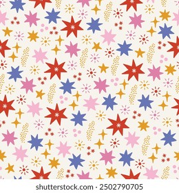Seamless pattern with colorful stars on white background. Perfect for birthday greetings, wallpaper, holiday wrapping paper, fabric. Vector illustration