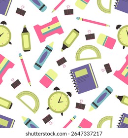 Seamless pattern of colorful stationery items like pencils, erasers, notebooks, protractors, markers, and alarm clocks on transparent background.