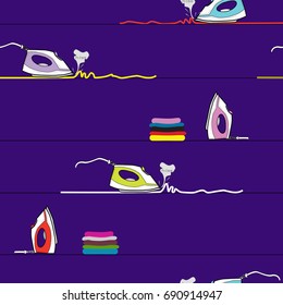 Seamless pattern of colorful steaming irons and piles of clothes on purple background