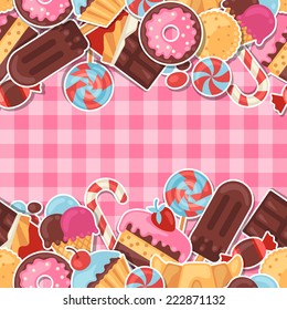 Seamless pattern colorful sticker candy, sweets and cakes.