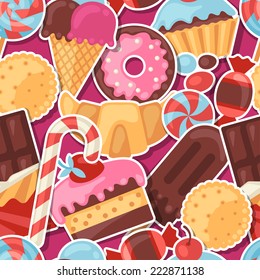 Seamless pattern colorful sticker candy, sweets and cakes.