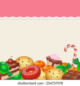 Seamless pattern colorful sticker candy, sweets and cakes. Vector