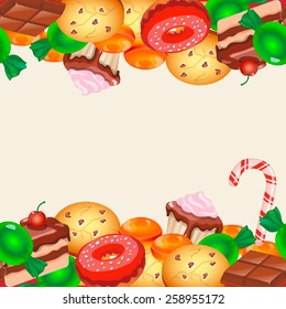 Seamless pattern colorful sticker candy, sweets and cakes. Divider, header. Vector