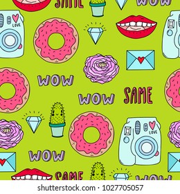 Seamless pattern with colorful sticker elements. Modern bright illustration.