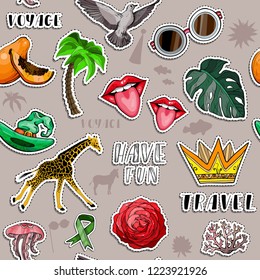 Seamless pattern with Colorful stickers set. Summer holliday and