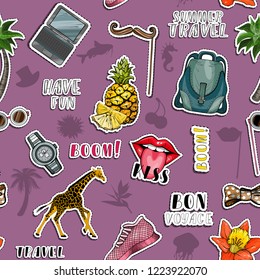 Seamless pattern with colorful stickers set. Summer vocation and traveling concept