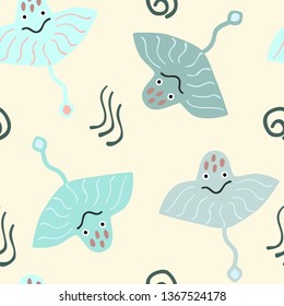 Seamless pattern with colorful stingrays. Cartoon vector illustration in scandinavian style. Great for fabric, textile.
