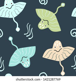 Seamless pattern with colorful stingrays. Cartoon vector illustration in scandinavian style. Great for fabric, textile.