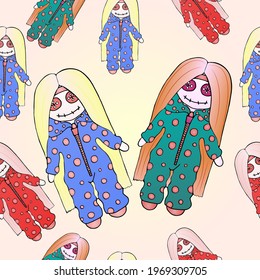 Seamless pattern with colorful stitched dolls vector illustration. Suitable for design, brand logo, badge, t-shirts, printed cups, postcards.