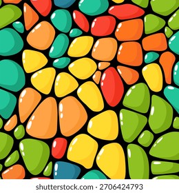 Ein nahtloses Muster aus bunten Steinformen, Mosaiken und abstrakten Formen im flachen Stil.