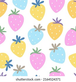Patrón sin foco con fresas coloridas sobre fondo blanco en forma de caricatura para tela, textil, papel tapiz de vivero