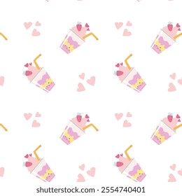 Seamless pattern of colorful strawberry milkshakes and hearts.