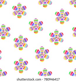 Seamless pattern with colorful striped flowers on white. Bright background, design for fabric, wrapping paper